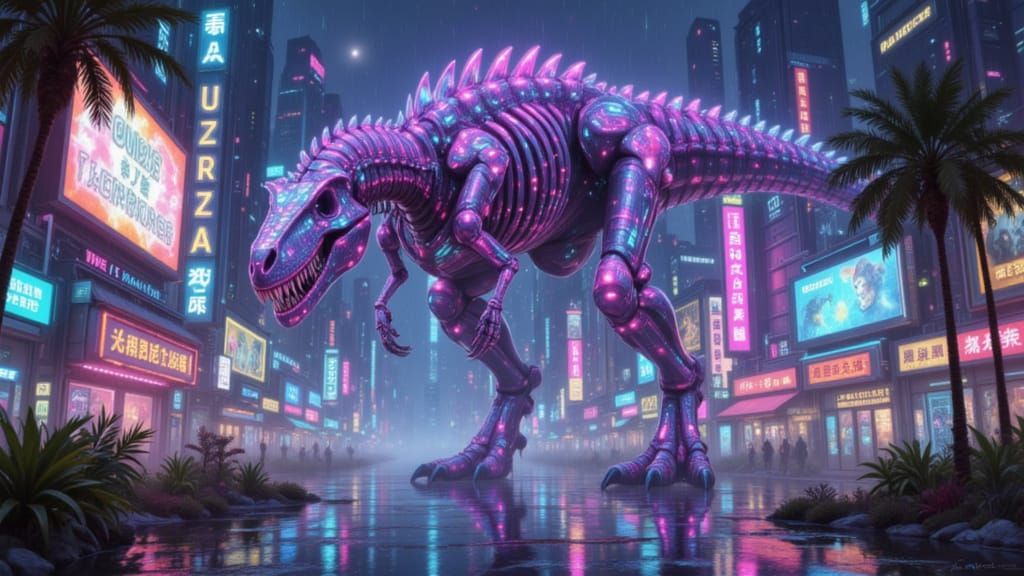 Dinosaur Skeleton with Neon Circuitry in Futuristic City