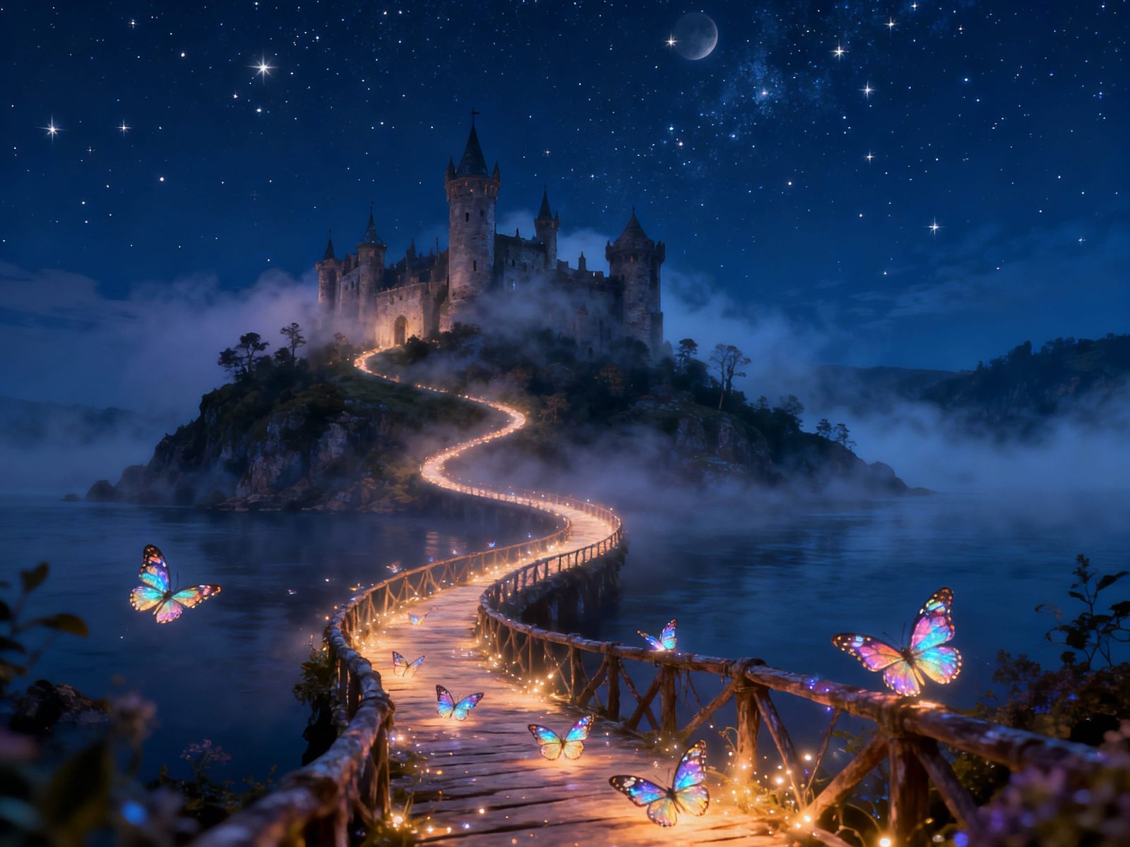 Mystical Butterfly Bridge to Enchanted Castle Under Starry N...