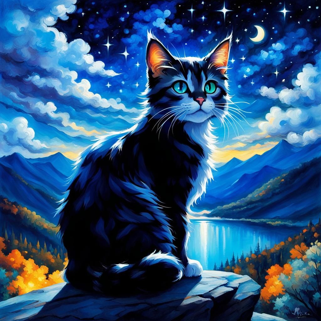 Starlight Cat on Starry Night, Disney Style