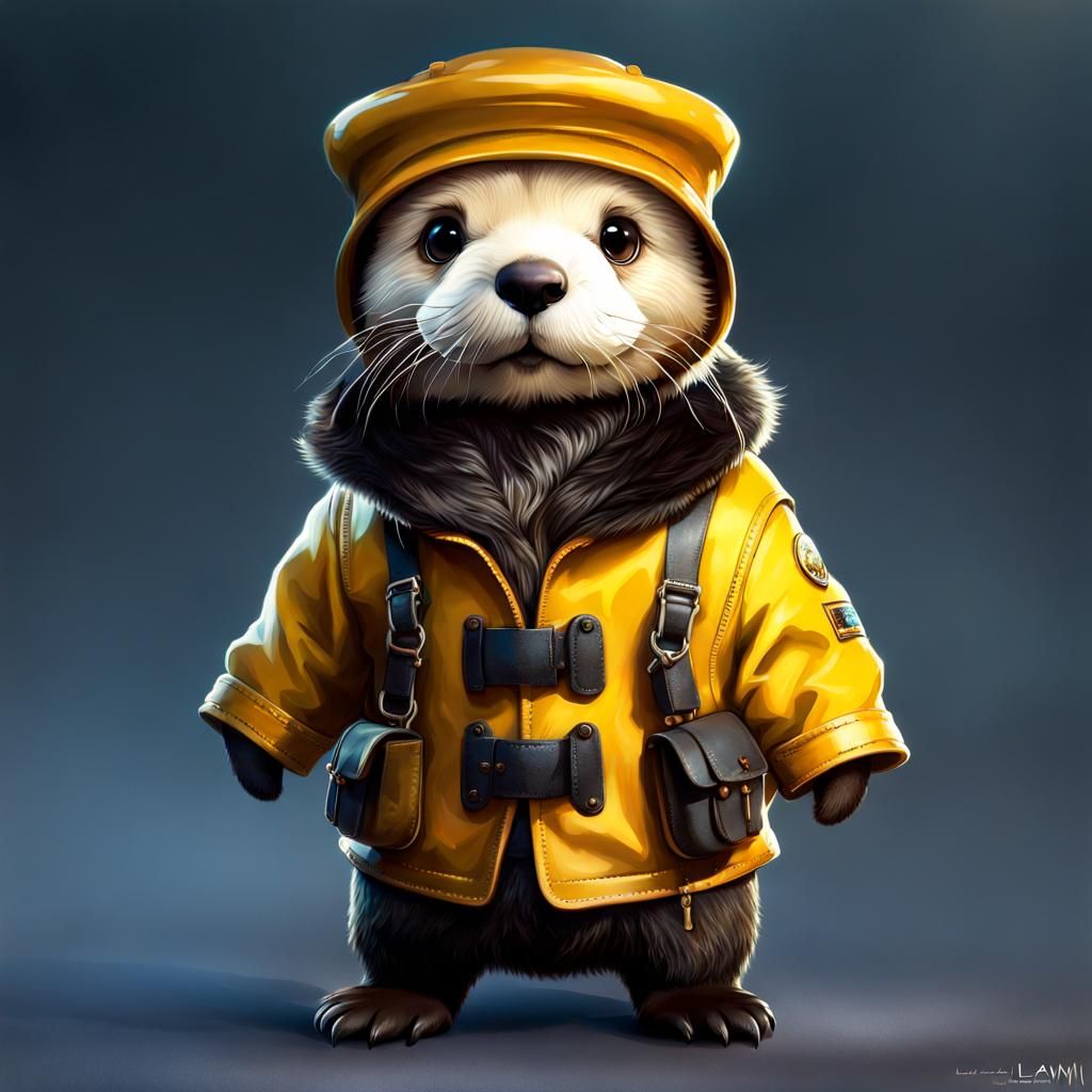 Anthropomorphic Otter Fisherman in Yellow Oilskins