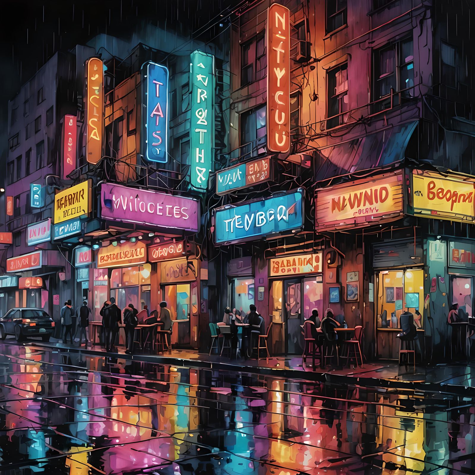 Rainy Night Cyberpunk Theaters in Watercolor