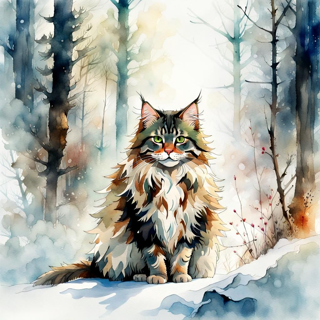 Siberian Cat in Winter Wonderland: Watercolor Art