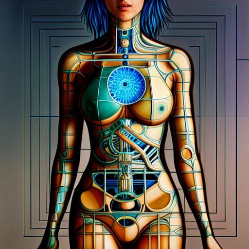 A blueprint of a woman cyborg