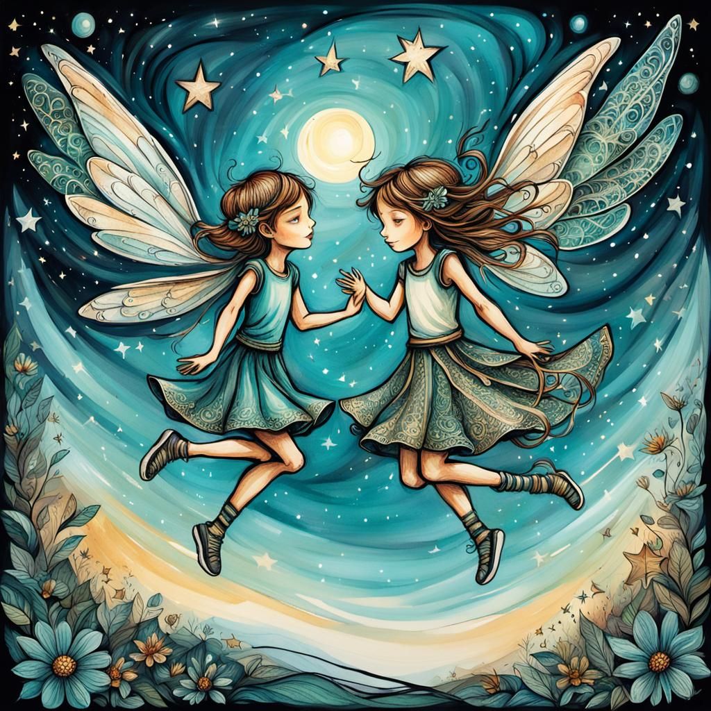 Fairy and Angel High-Five in Zentangle Style