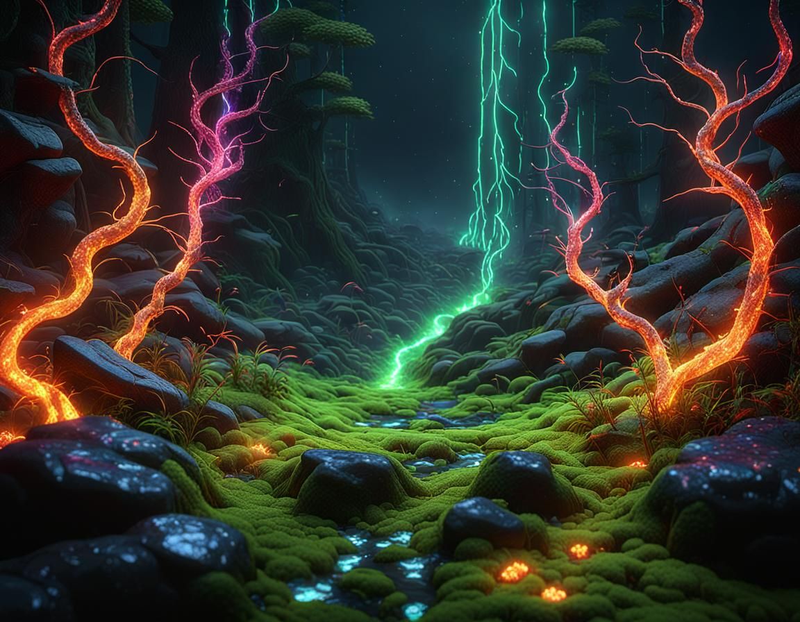 many glowing strands of Devils fence,RGB,neon plasma lava breathing ,fire works sparkles making florescent light behind ...