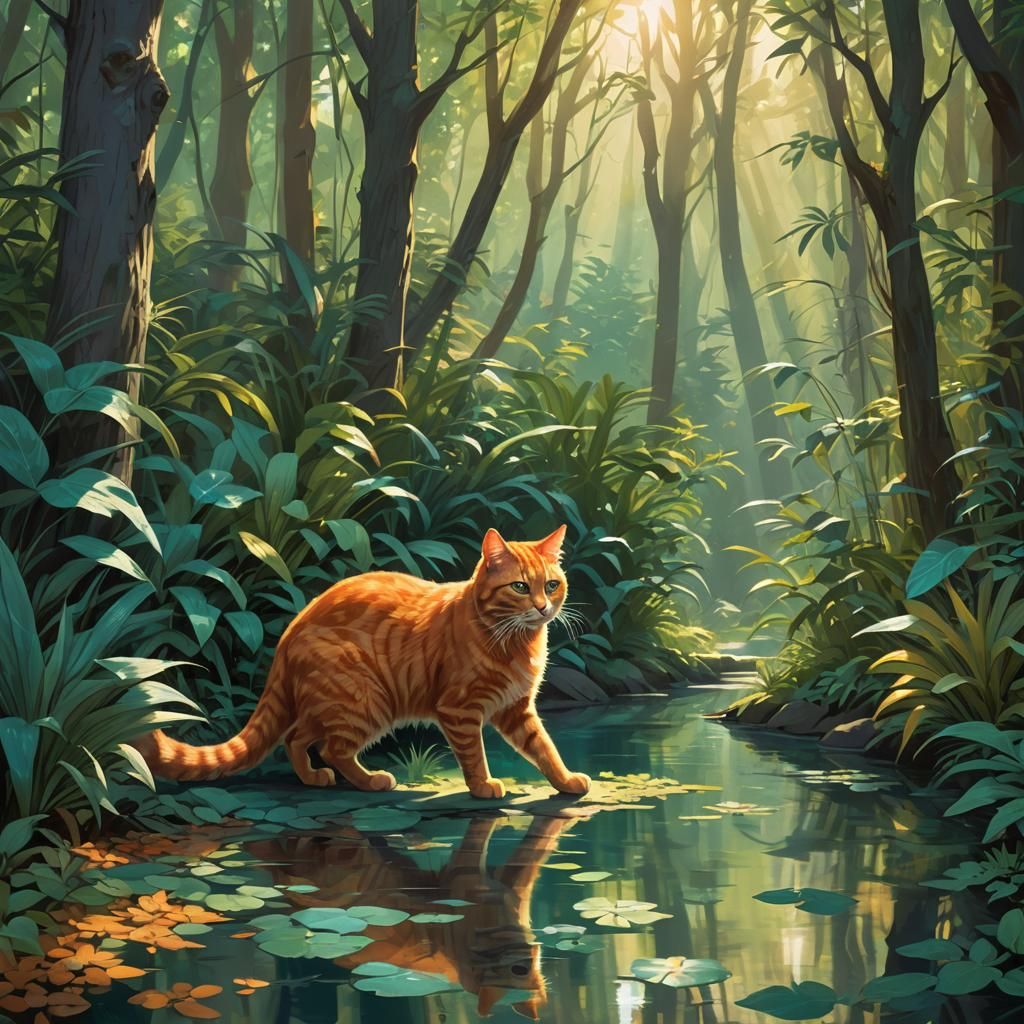 Cats Racing Through an Emerald Forest