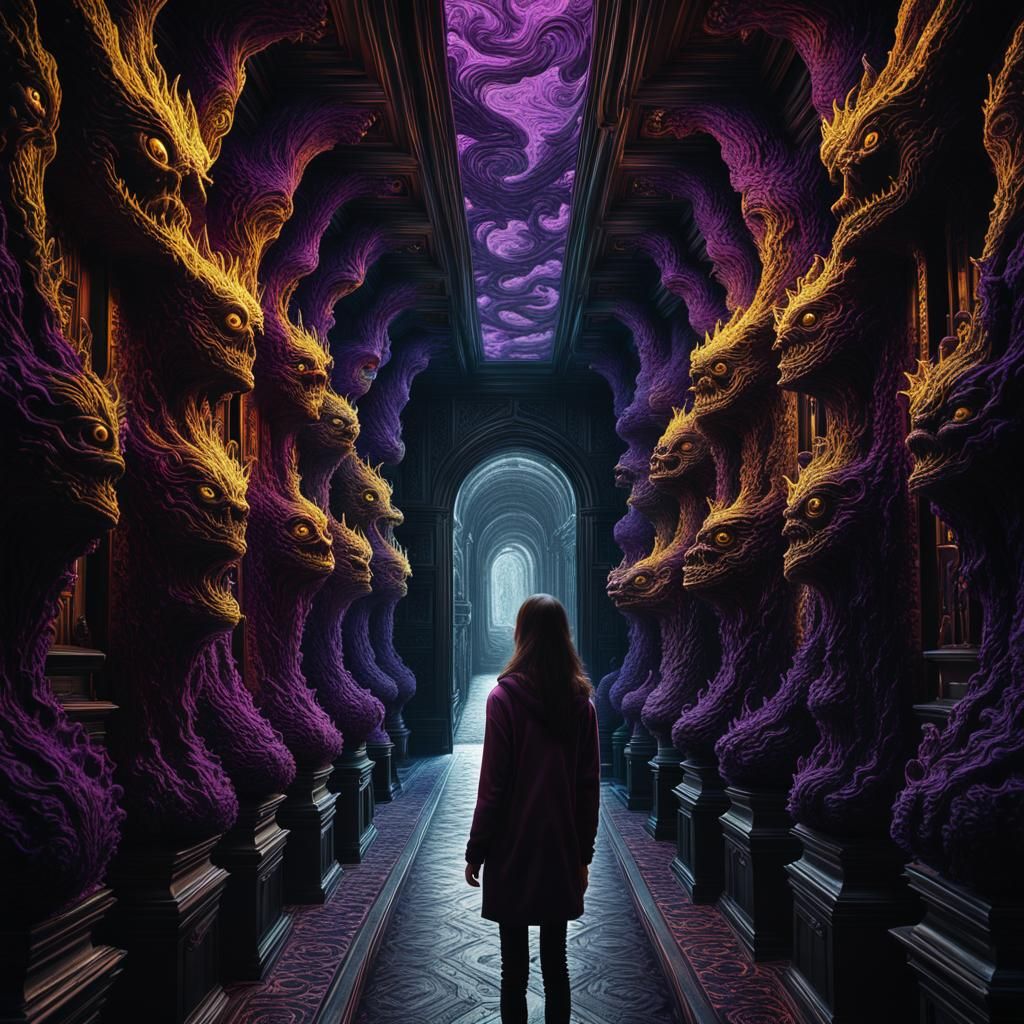 Ominous Hallway with Menacing Figures in Woodcut Style