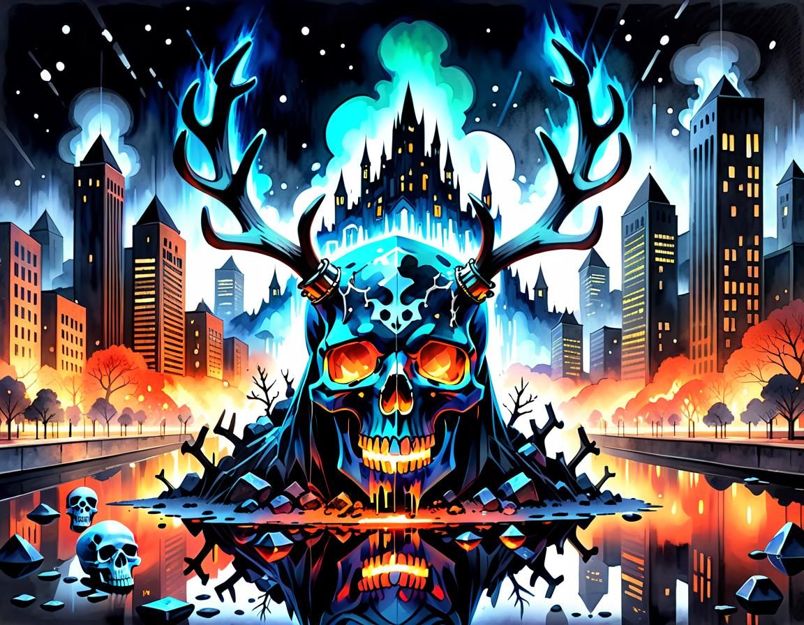 Magical Night Cityscape with Glowing Skull in Watercolor