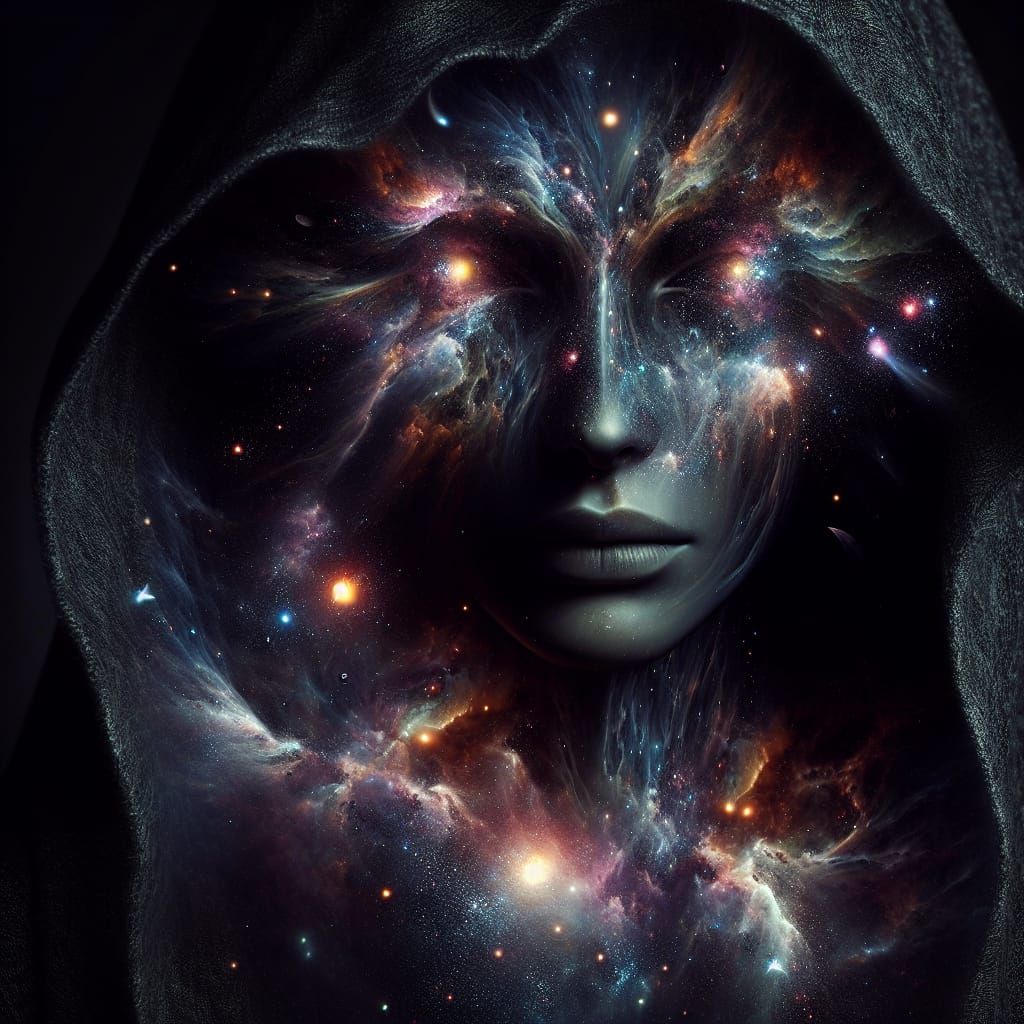 Cosmic Hooded Figure with Celestial Face
