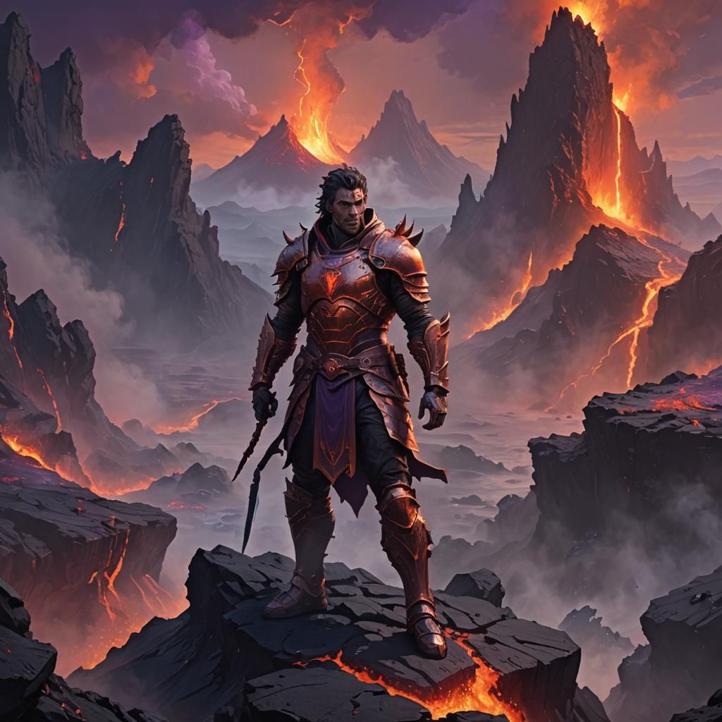 Stoic Warrior Prince Overlooking Volcanic Landscape