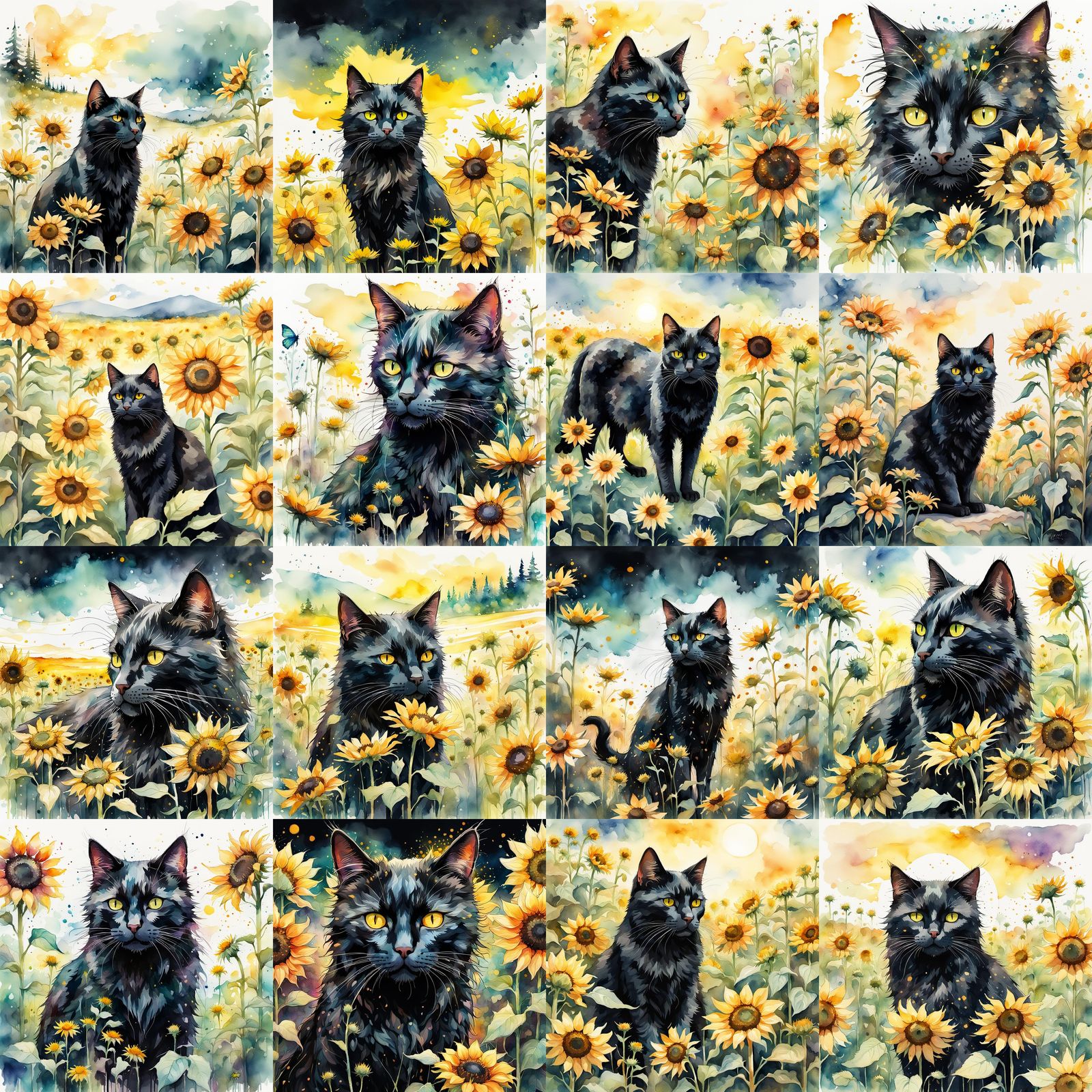 Black Cat in Wild Sunflowers Watercolor Illustration