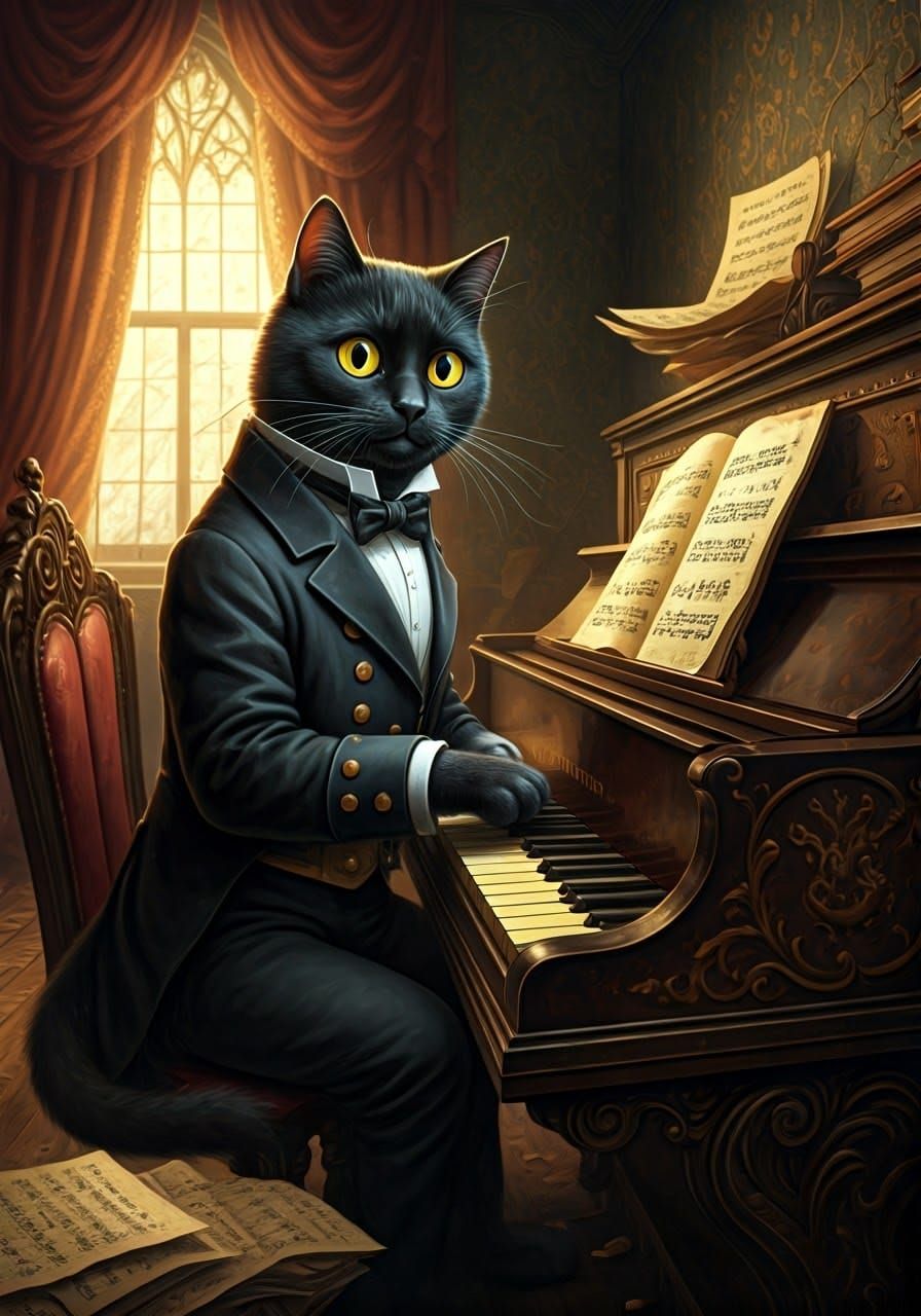 Cat Pianist in Steampunk Gothic Style