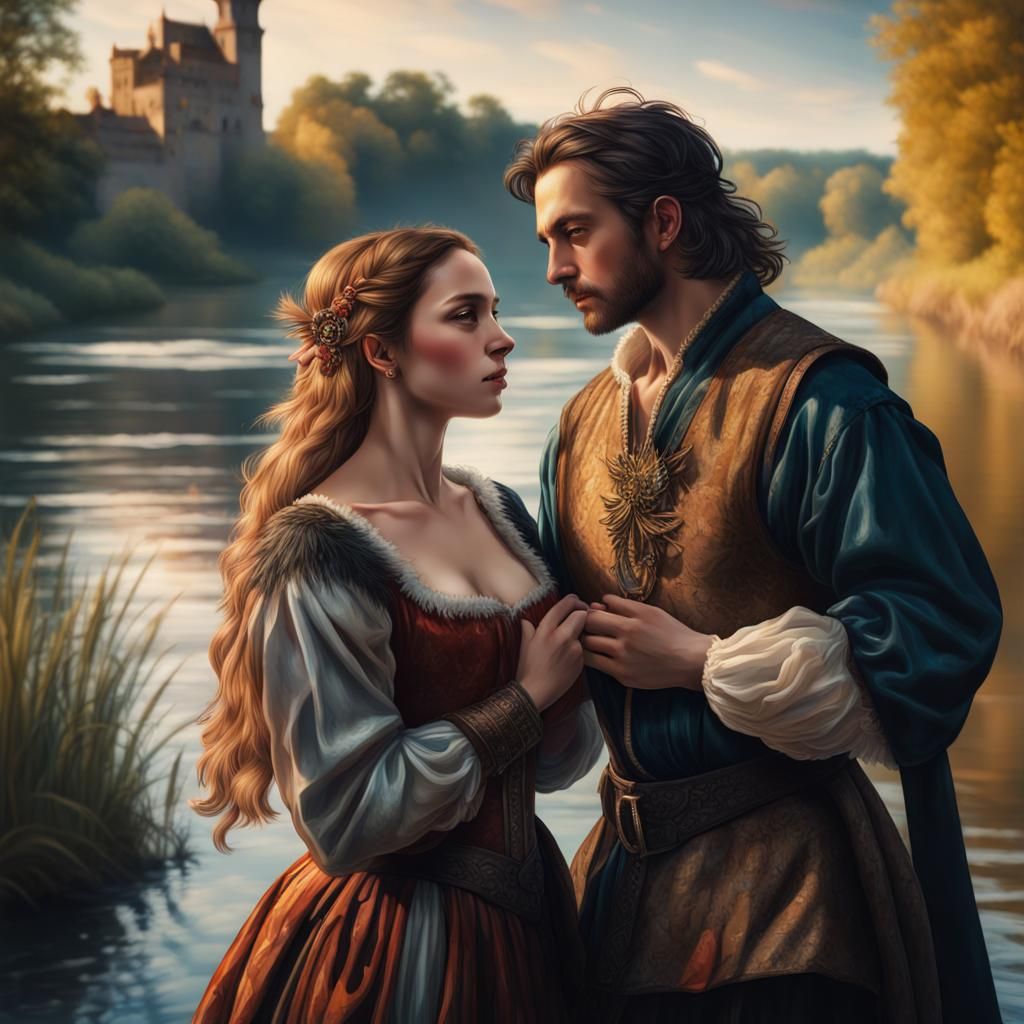Renaissance Love Scene on Riverbank: Hyperrealistic Art
