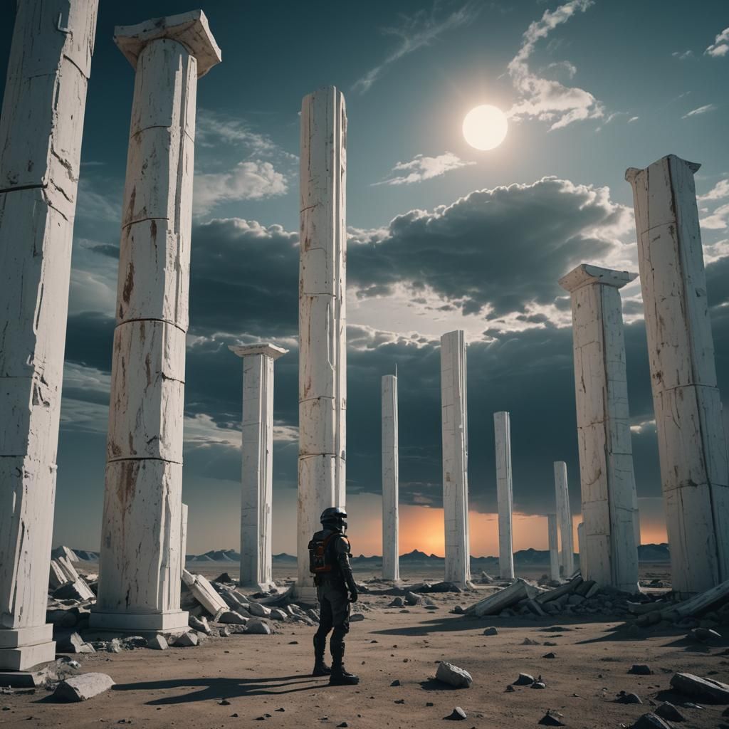Futuristic White Columns in Wasteland Eclipse