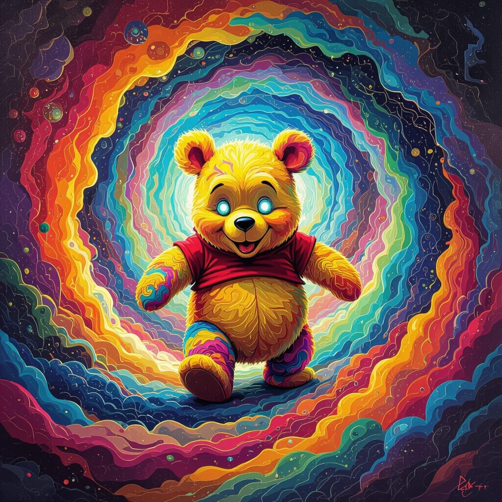 Surreal Distorted Winnie Emerges from Colorful Vortex