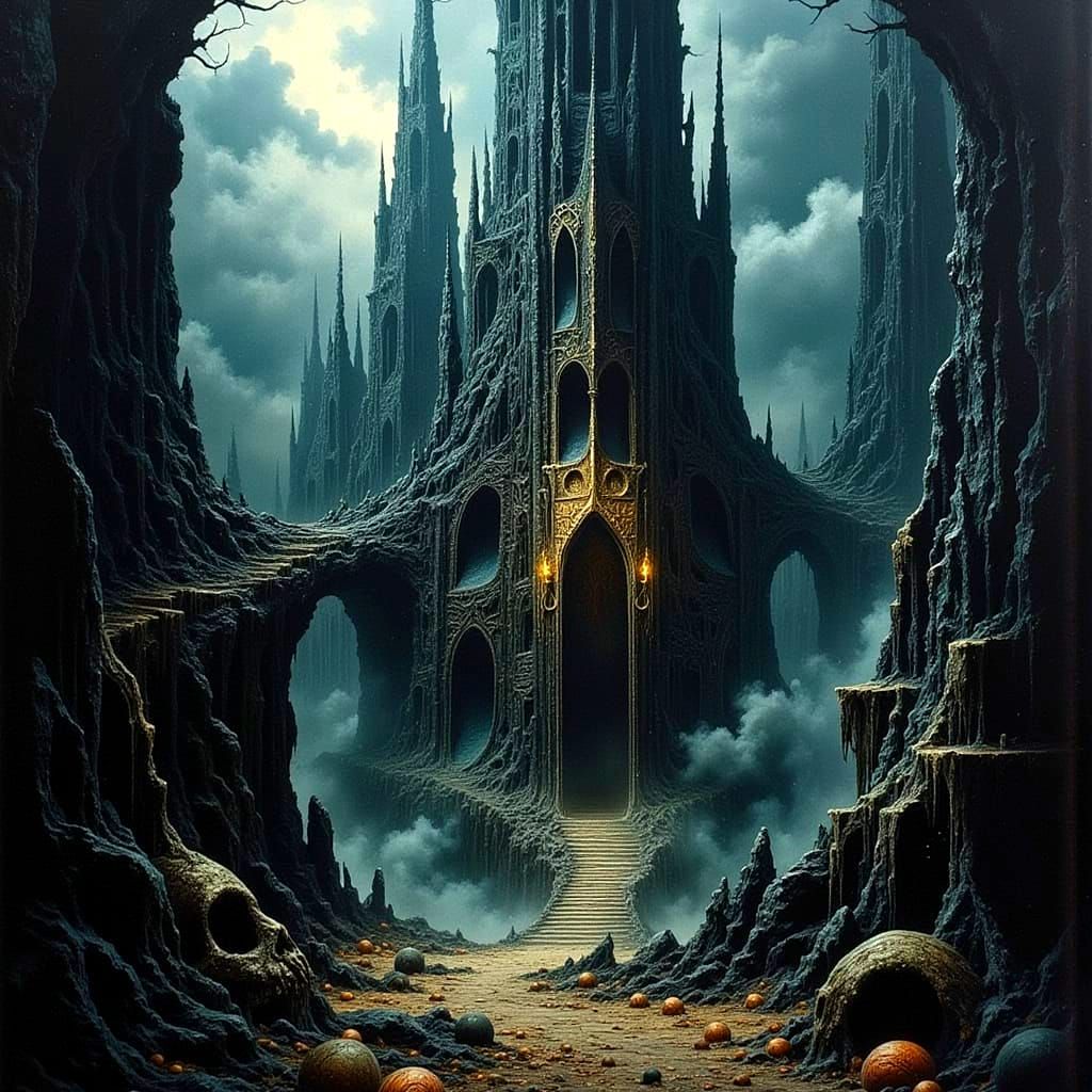 Surreal Gothic Cathedral in Escher-like Landscape
