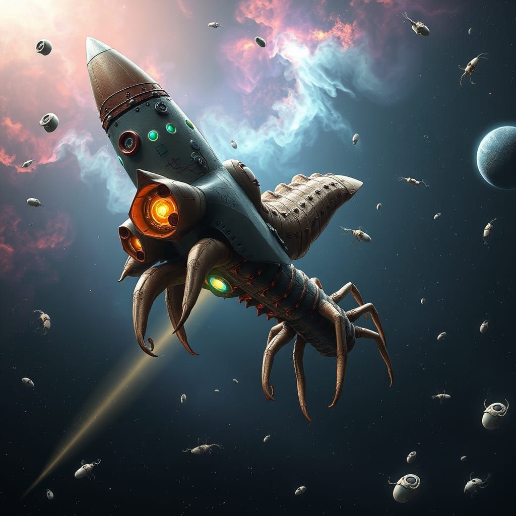 Surreal Biomechanical Rocket Ship in Deep Space