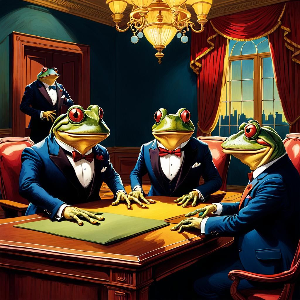 Frog Politicians Argue in Government Room, Satirical Illustr...