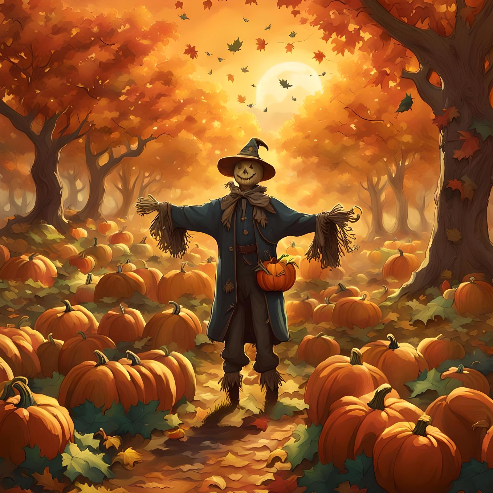 Pumpkin Patch Scarecrow in Autumn Landscape