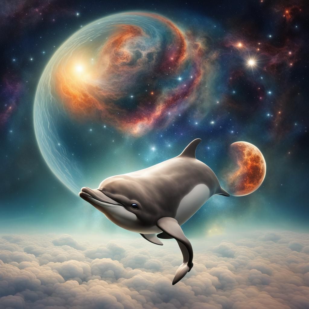 Dolphin Floating in Cosmic Space: Surreal Illustration
