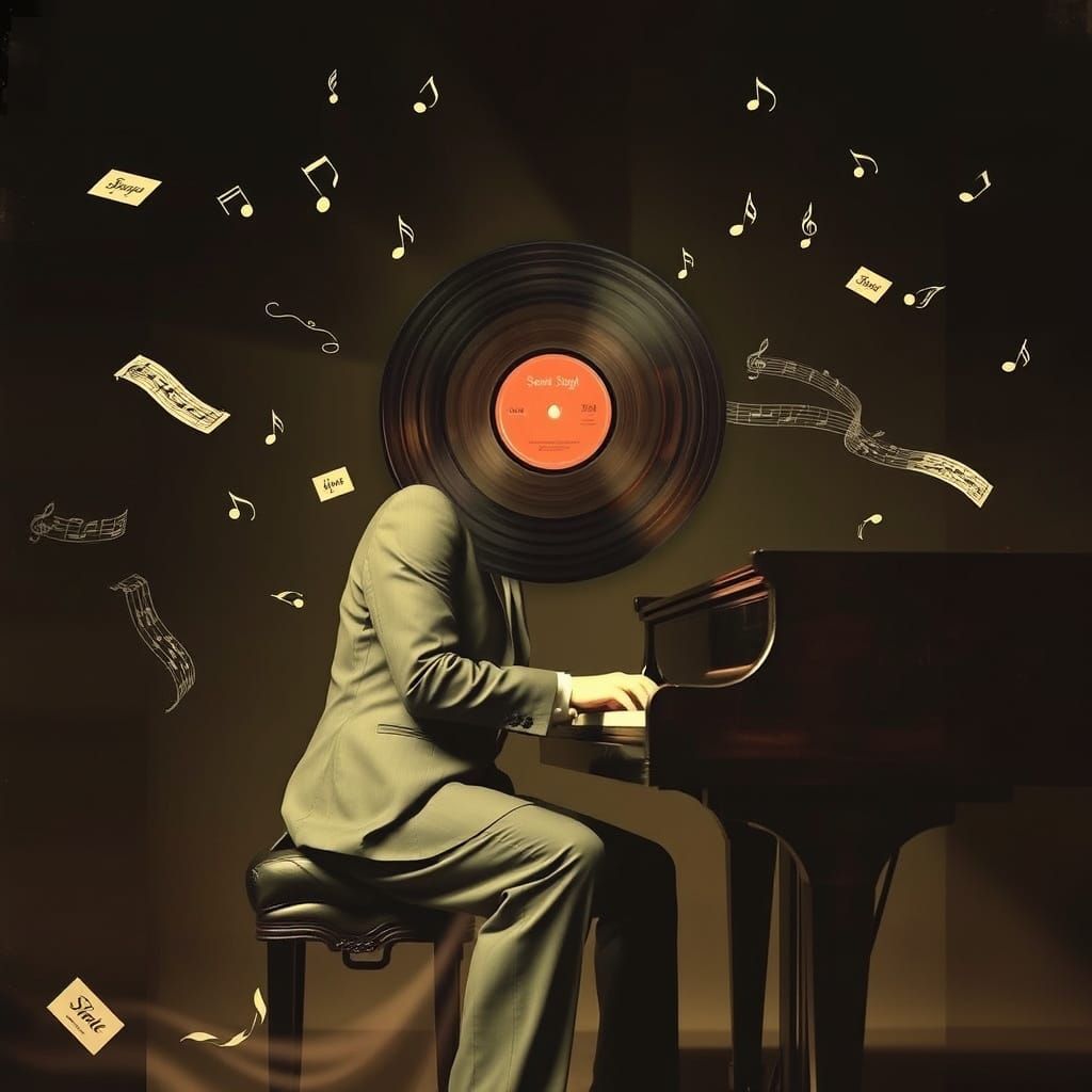 Surreal Pianist with Record Head in Dreamlike Style