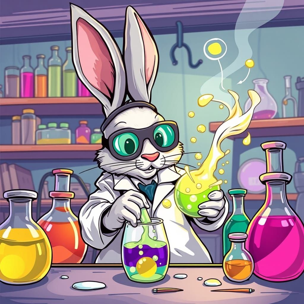 Whimsical Bunny Mad Scientist Concocts Vibrant Potion in Col...