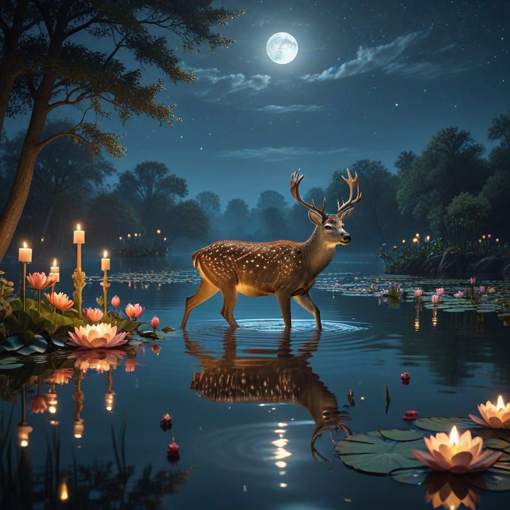 Surreal Moonlit Scene with Deer, Fish, and Sea Turtle
