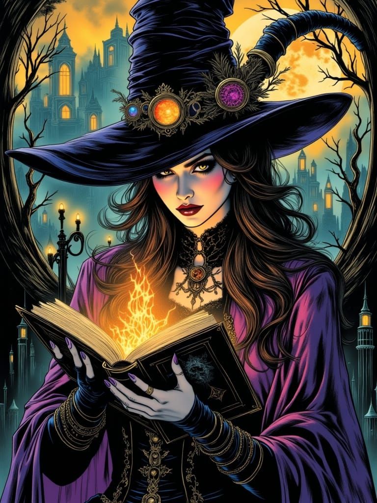 Vivid Witch Holds Glowing Grimoire Under Harvest Moon