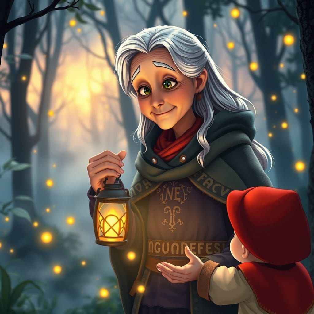 Wise Elder Shares Light in Enchanted Forest