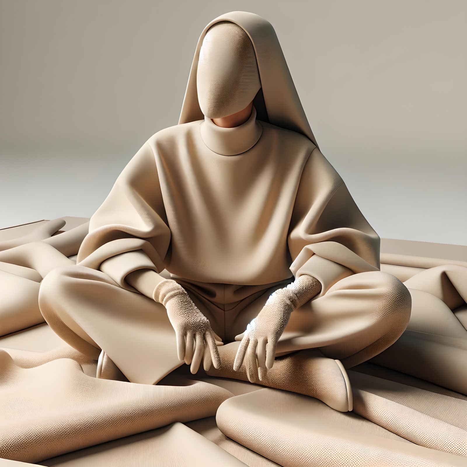 Woman in Beige Suit with Geometric Deformations