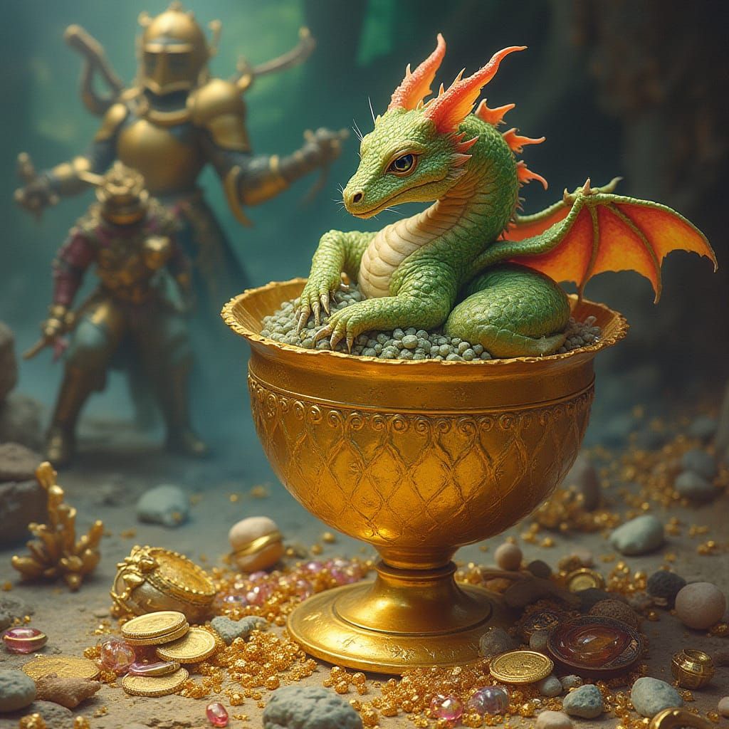 Miniature Dragon in Golden Goblet, Surrounded by Treasure an...