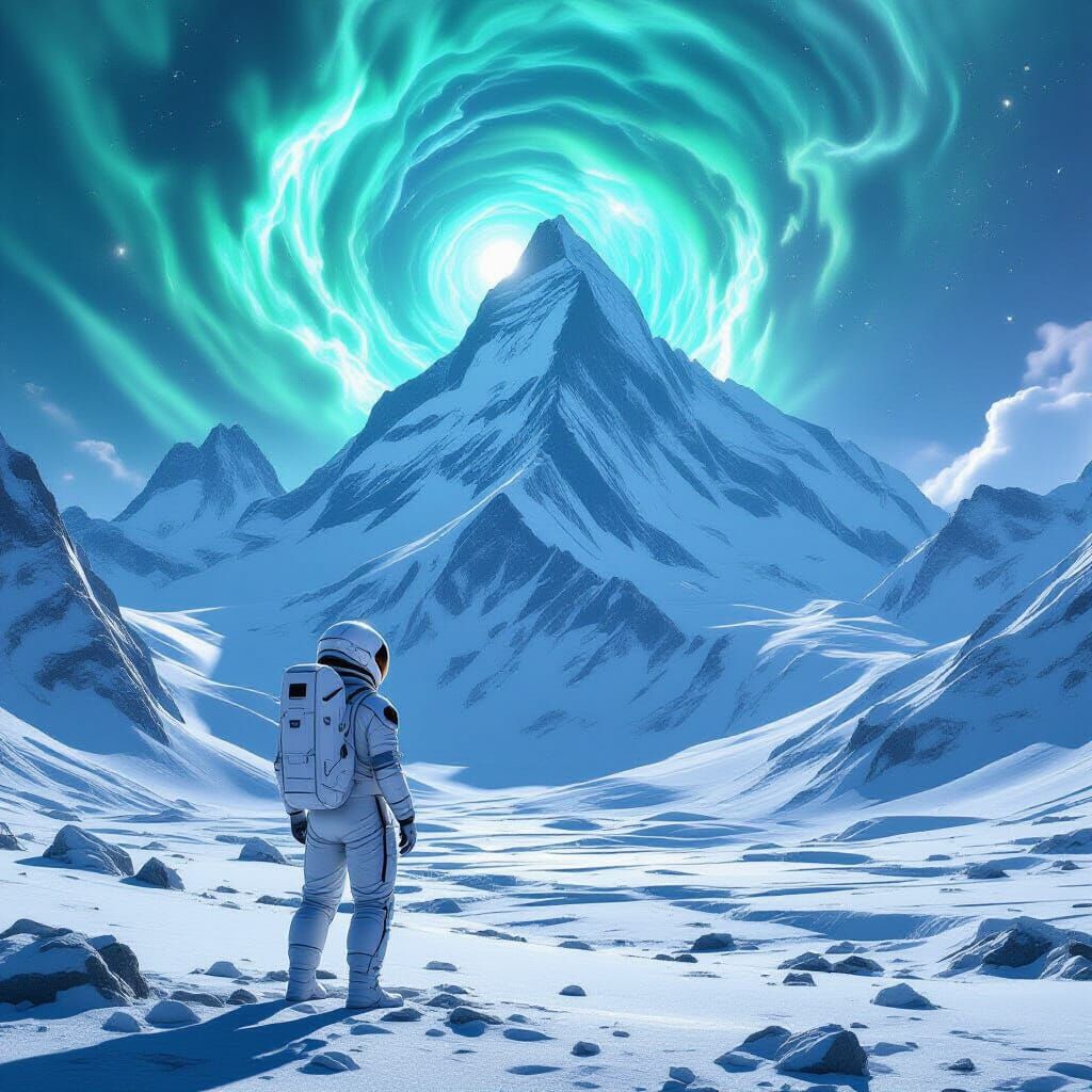 Astronaut on Alien Planet Views Crystal Mountains