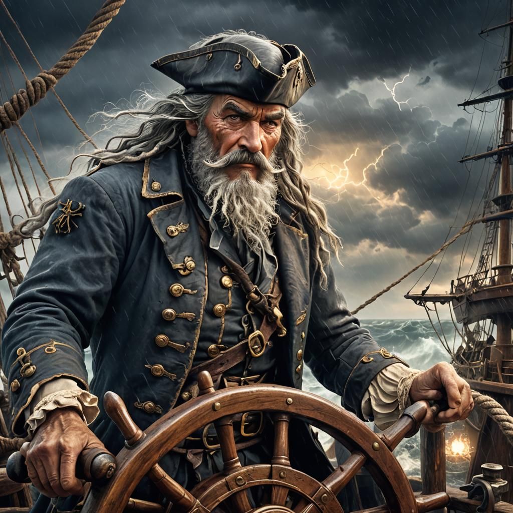 Pirate Steers Ship in Storm, Detailed Matte Painting