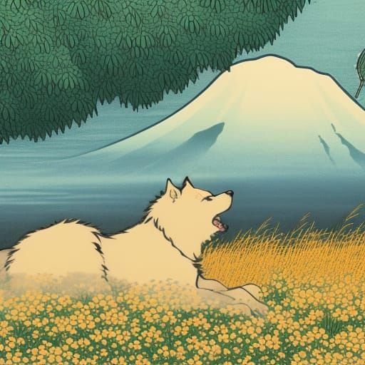 Akita Inu in Flowery Field: Vintage Japanese Anime Art