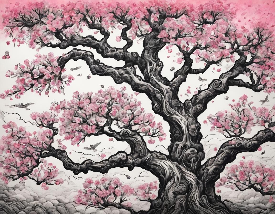 Pink Cherry Blossom in Whimsical Doodle Style