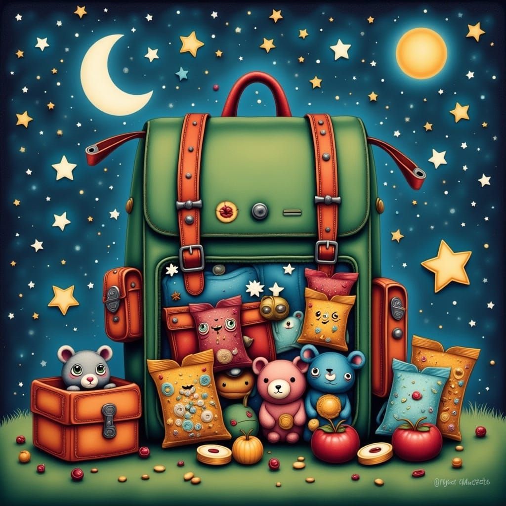 Surreal Cosmic Bag of Holding Overflowing with Handheld Deli...