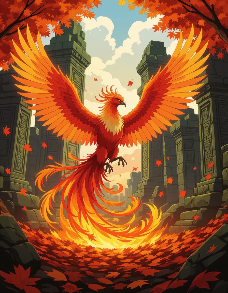 Majestic Phoenix Rises From Autumn Vortex Anime Style