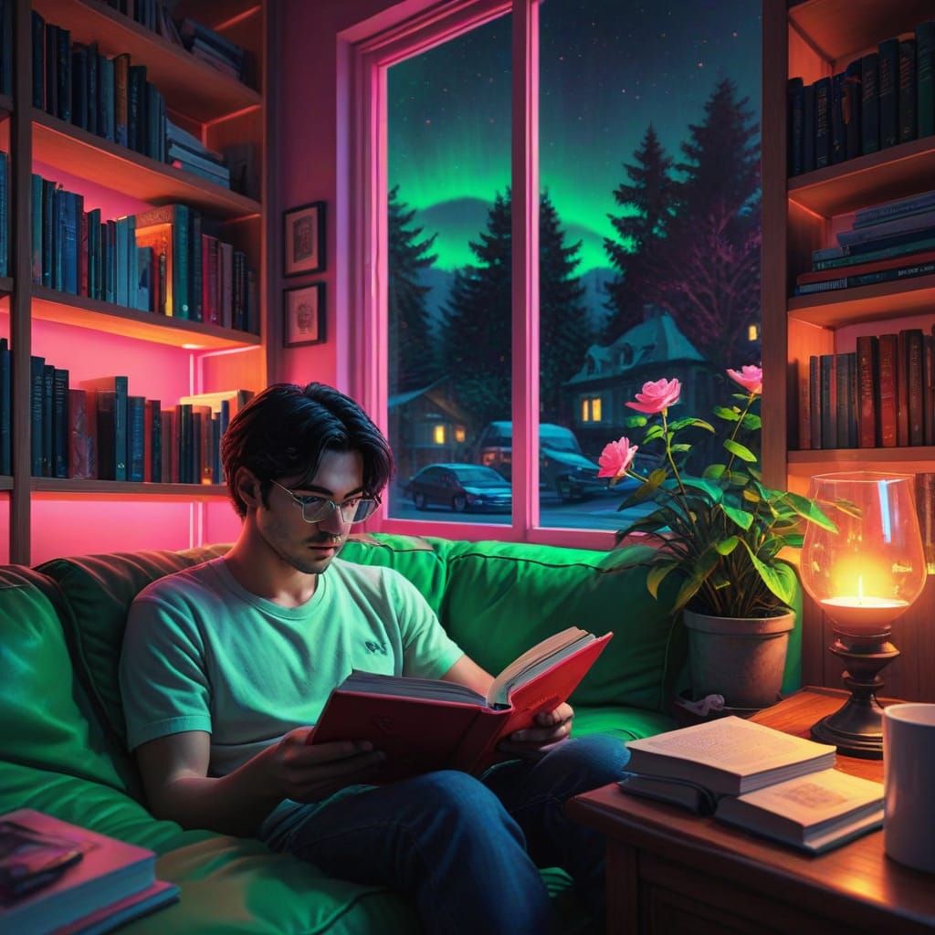 Synthwave Boy Reading Book in Neon Library