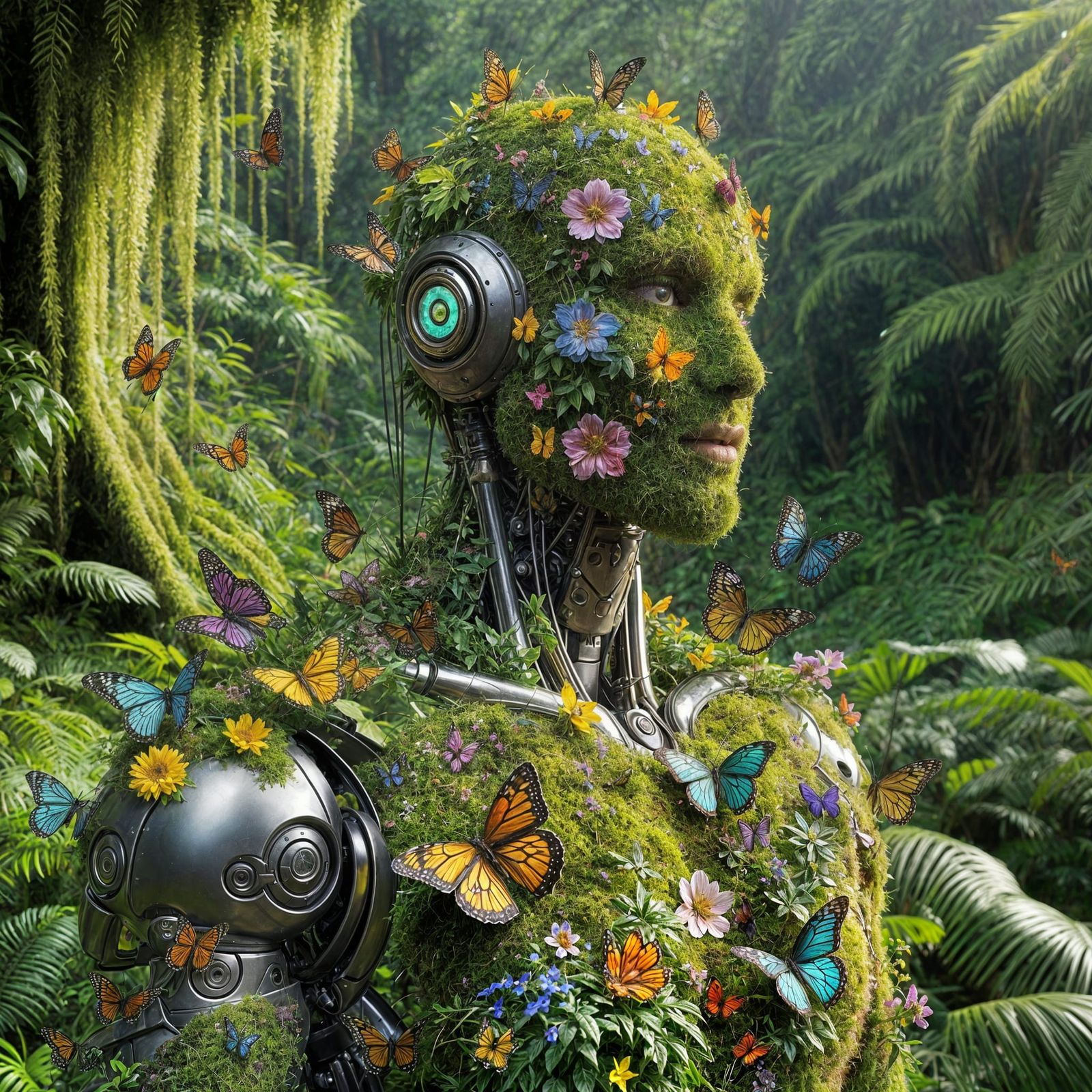 Moss-Covered Robot in Lush Jungle with Butterflies