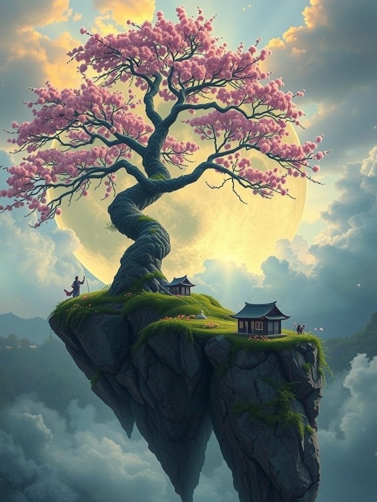 Ancient Floating Isle with Cherry Blossom Tree in Ethereal F...