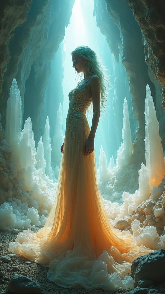 Ethereal Woman in Crystalline Cave, Art Nouveau