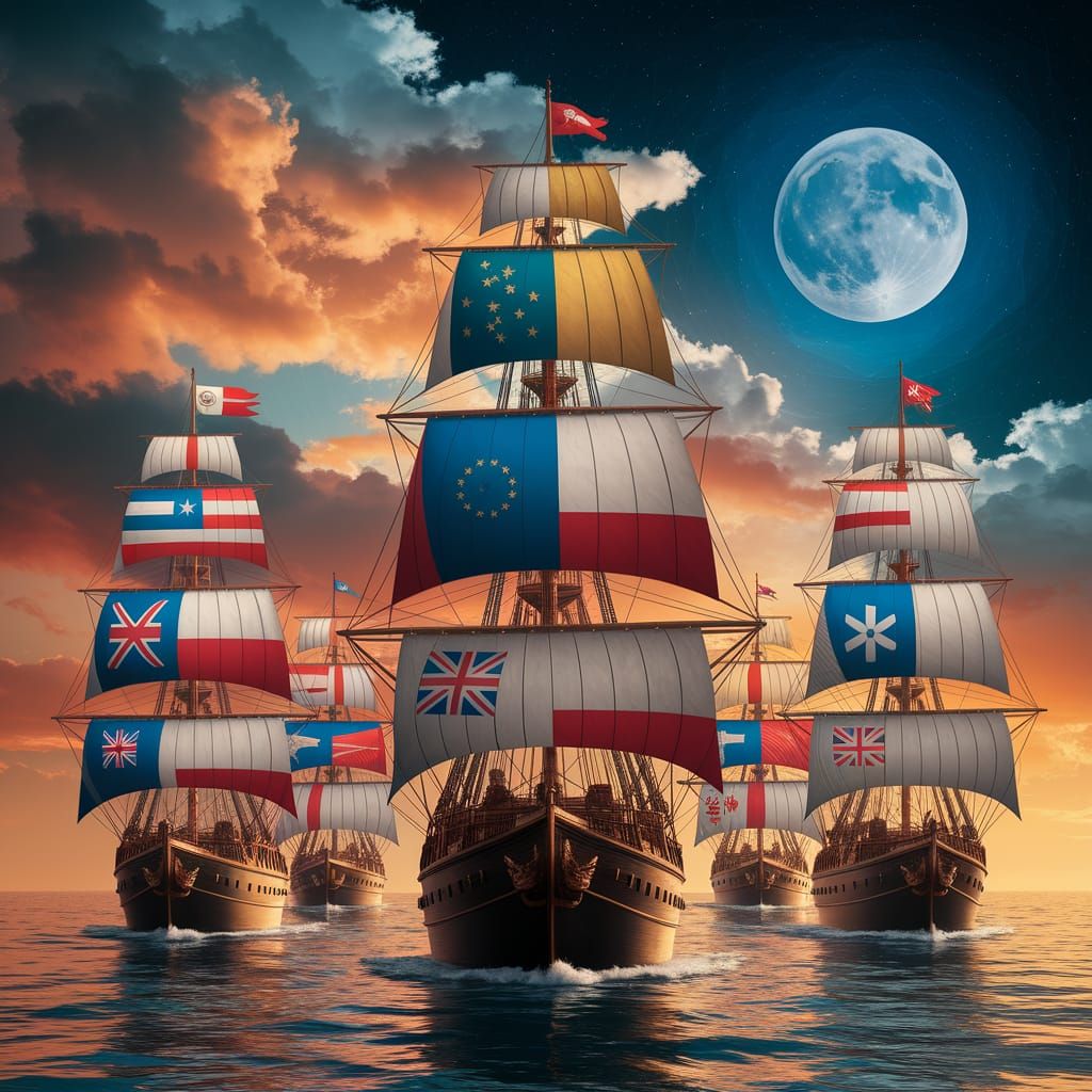 Sunset Fleet of Flags in Holographic Style