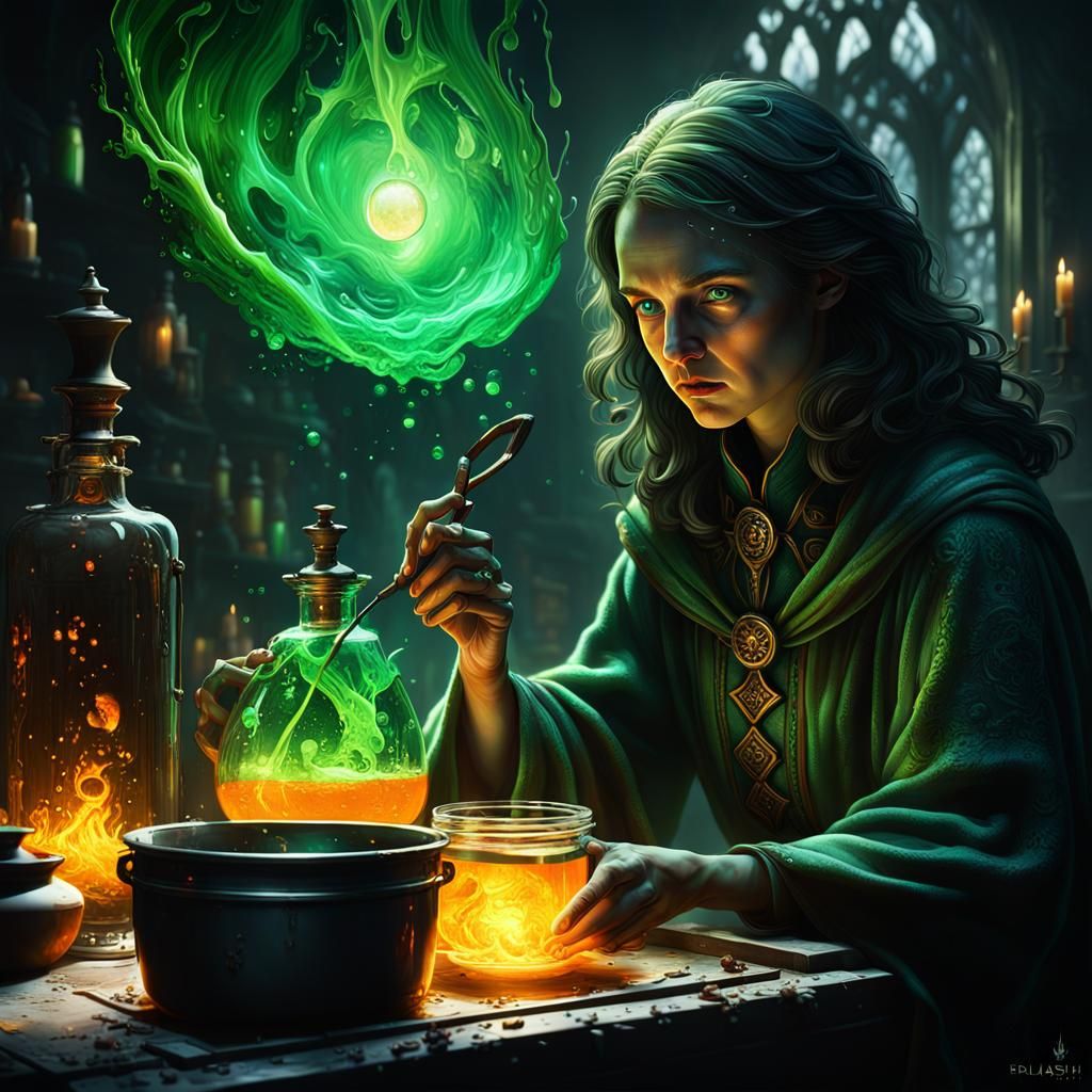 Witches' Glowing Eyes: A Hyperrealistic Potion Scene