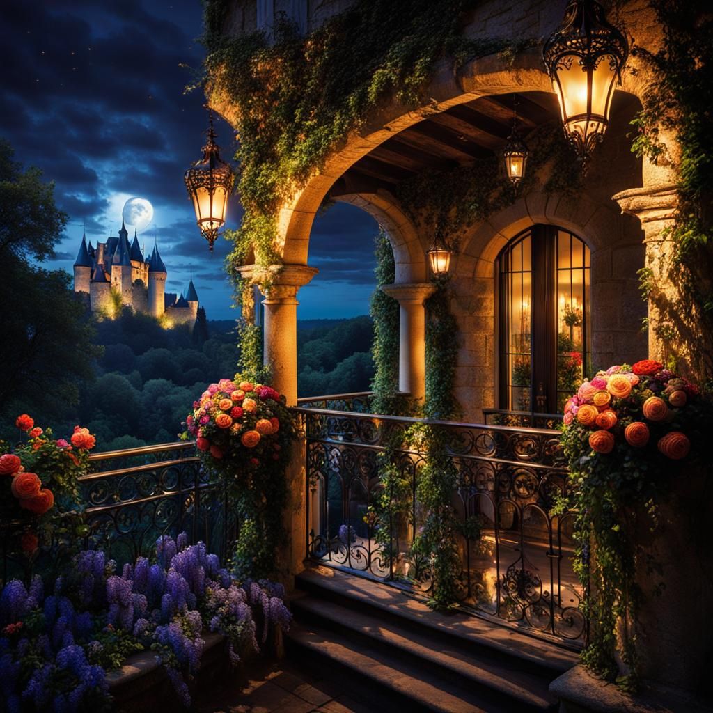 Nighttime Soiree at Medieval Castle Balcony