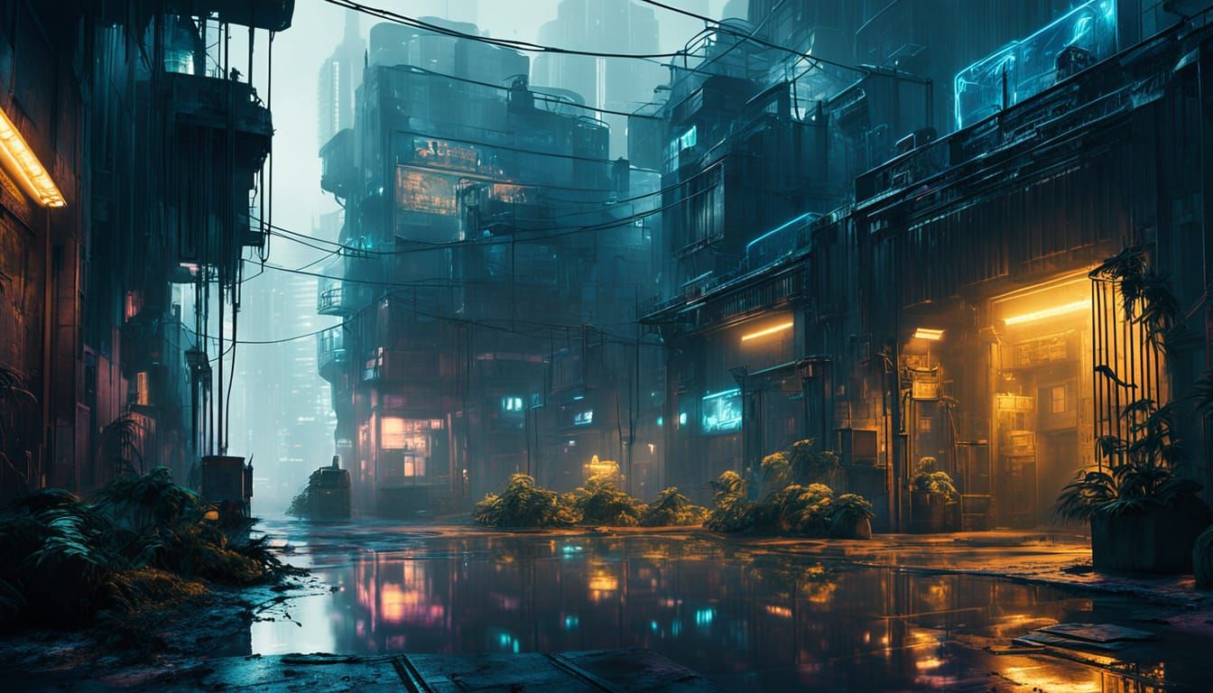 Cyberpunk Dystopia: Abandoned Garden Amidst Futuristic Decay