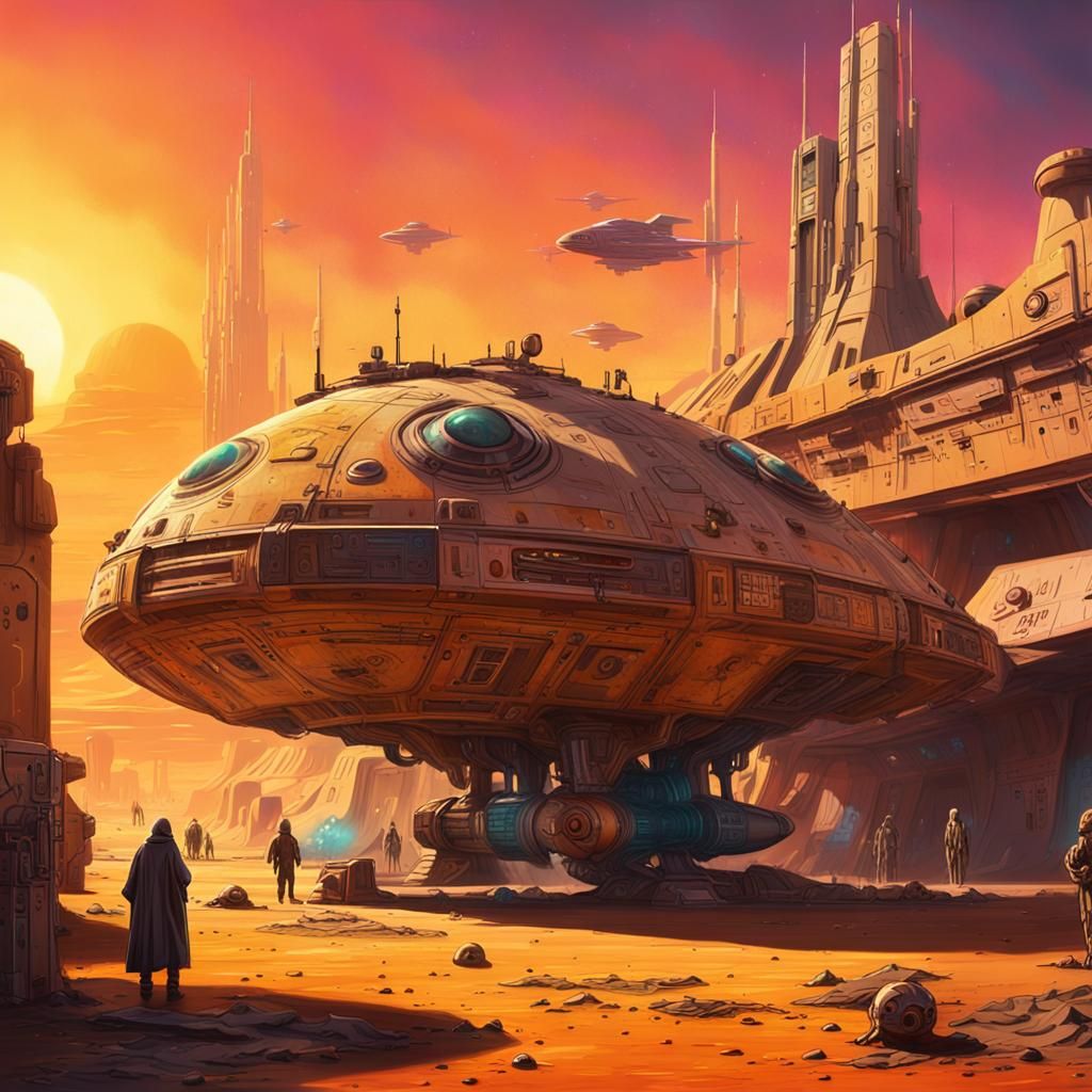 Bustling Tatooine Spaceship Station in Graffiti Art Style