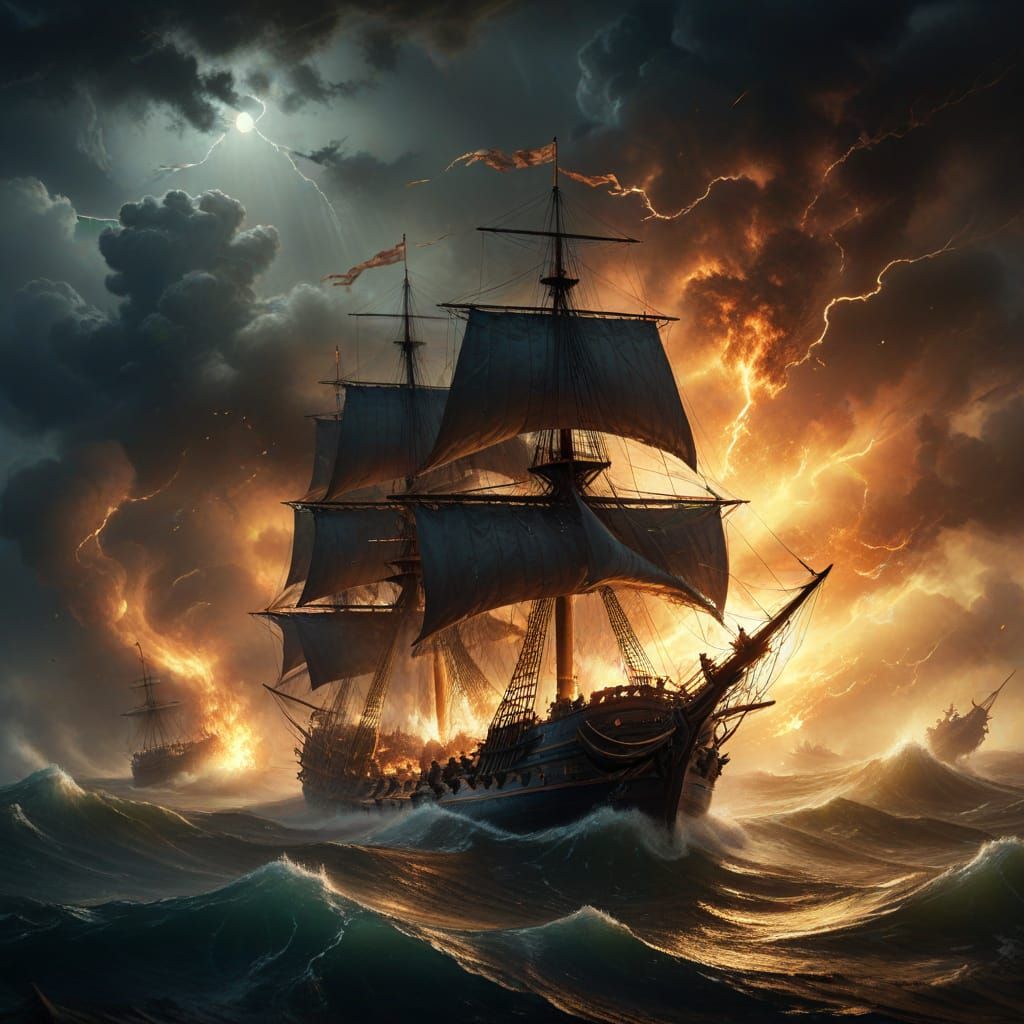 Stormy Naval Battle with Dragon Soars Through the Sky