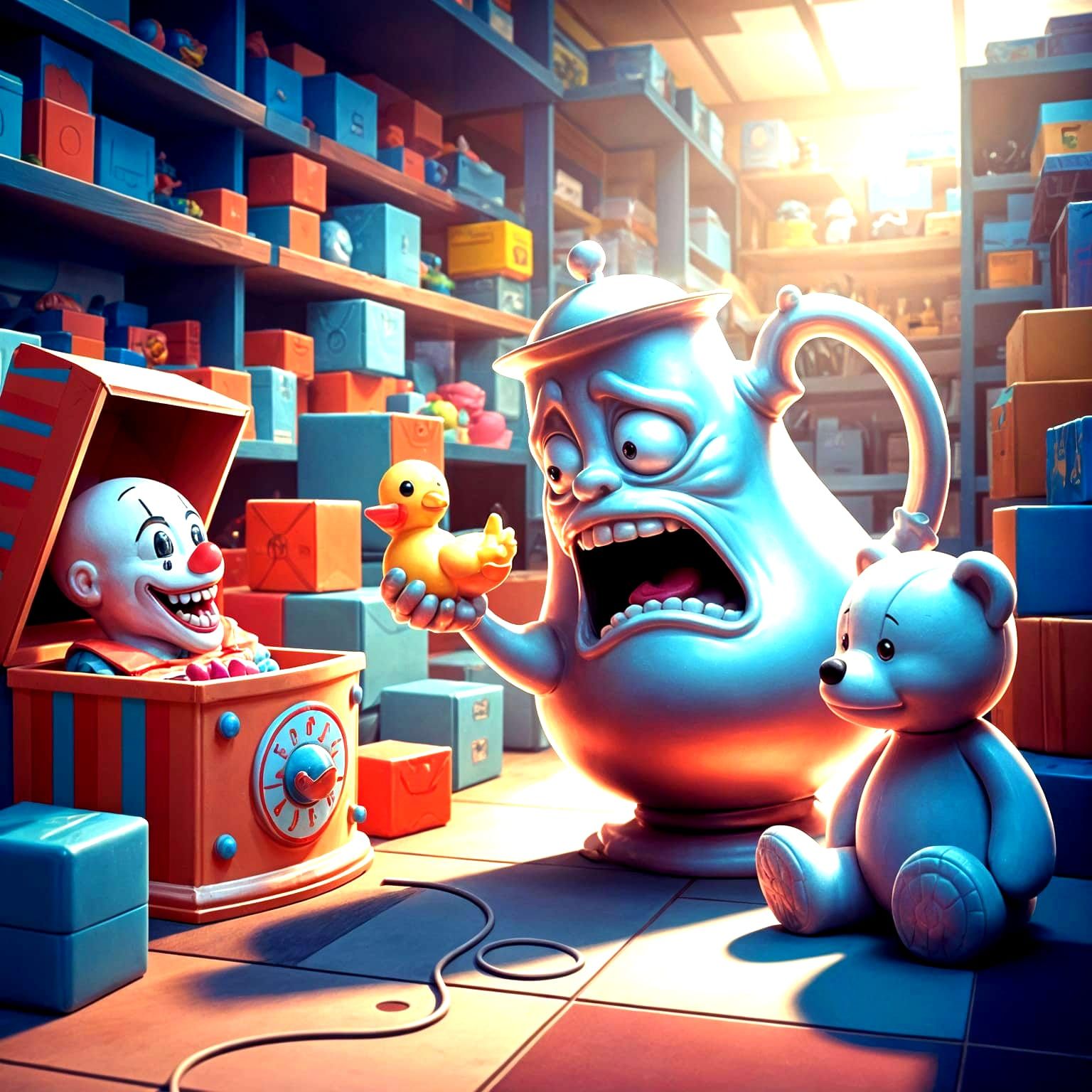 Terrified Teapot in Toy Store Dreamscape