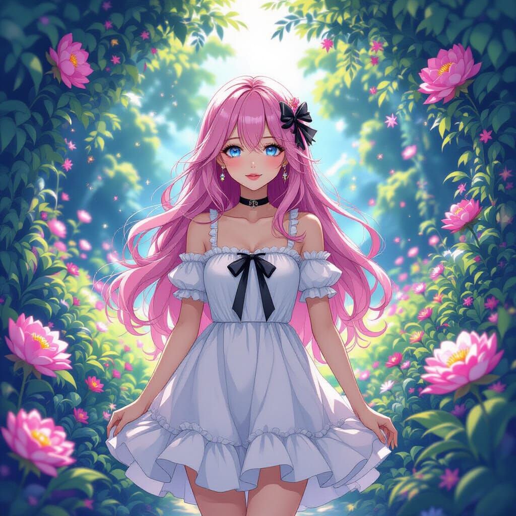 Anime Girl in Magical Garden with Pink Hair