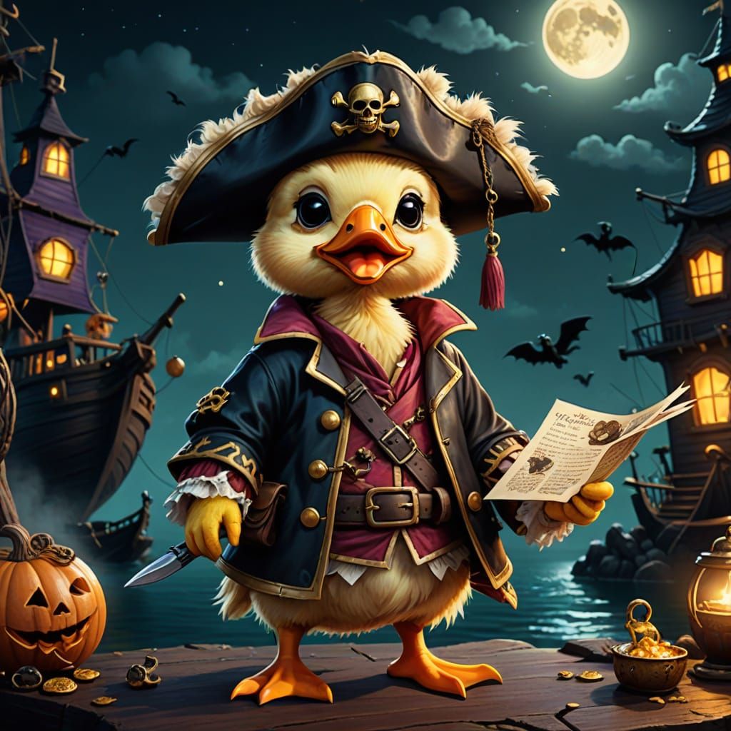 Fluffy Pirate Duckling Holds Treasure Map